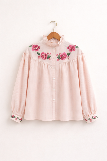 Blouse Mérédith rose à rayures et fleurs brodées - 100% coton - It Hippie
