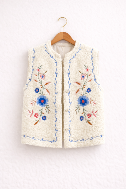  Gilet Julia sans manches en sherpa brodée écru - It Hippie