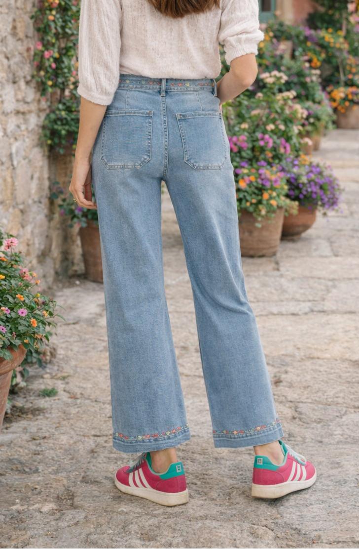 Vue arrière du jean Janis wide leg bleu ciel brodé