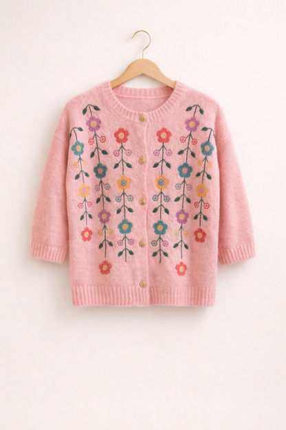 Gilet Cassie rose manches 3/4 broderies florales col rond - Cherry Paris