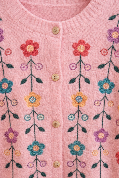  Détail des broderies florales sur le gilet Cassie rose en maille
