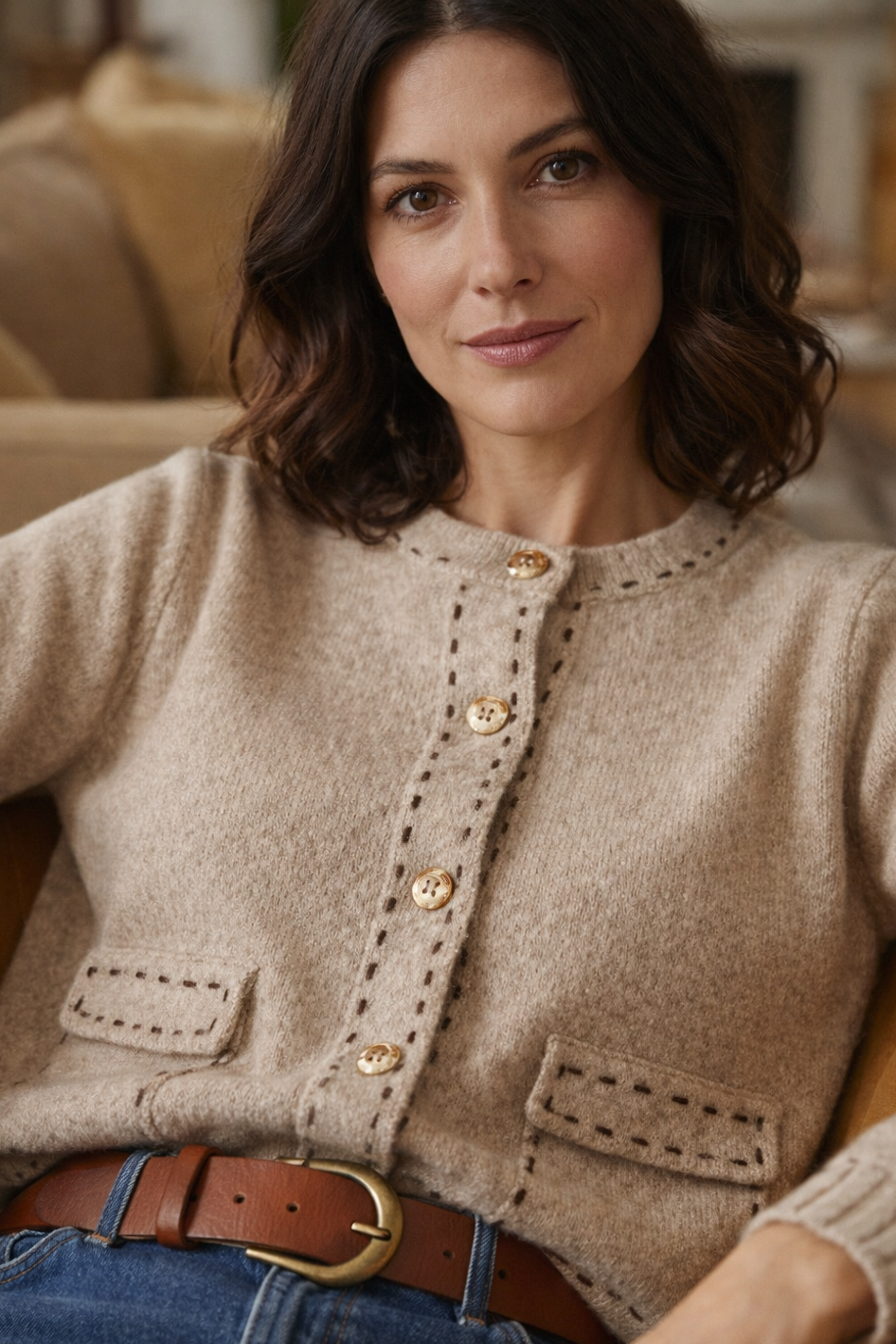  Gilet Mona beige maille surpiqures taille unique - Acajou