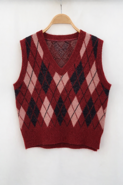 Pull Gaïa femme col V rouge noir rose - vue de face