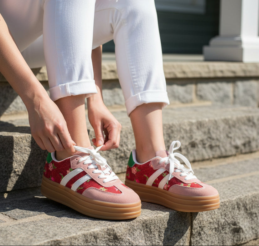 Sneakers Romane framboise portées avec jean blanc, style casual frais coloré