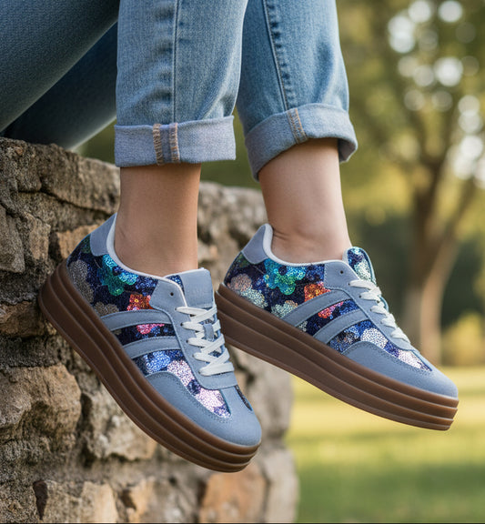  Sneakers Stella bleu cuir toile sequins, plateforme caoutchouc made in Spain