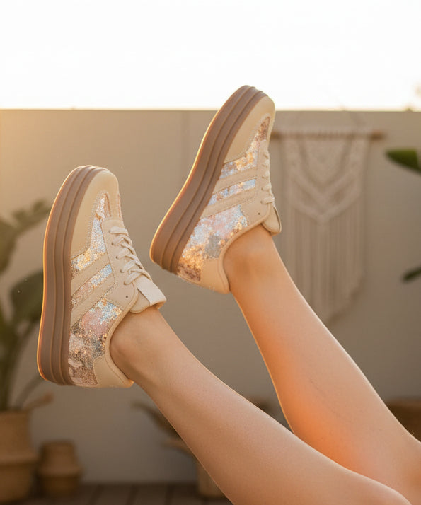 Sneakers Stella beige cuir toile sequins, plateforme caoutchouc made in Spain