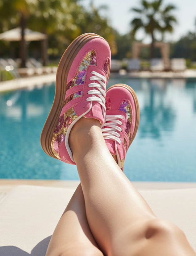 Sneakers Stella pink cuir toile sequins, plateforme caoutchouc made in Spain