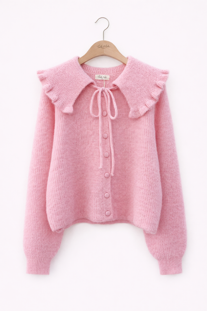 vue face Gilet femme Léonie rose poudré col claudine XXL volants lien maille douce - Lili&lala
