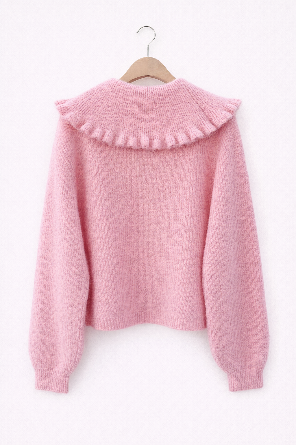 vus dos Gilet femme Léonie rose poudré col claudine XXL volants lien maille douce - Lili&lala
