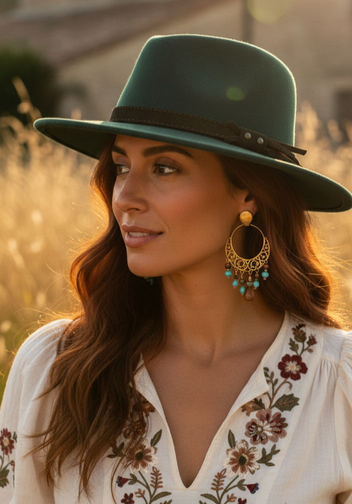 Chapeau Alba vert émeraude porté - look bohème folk automne-hiver