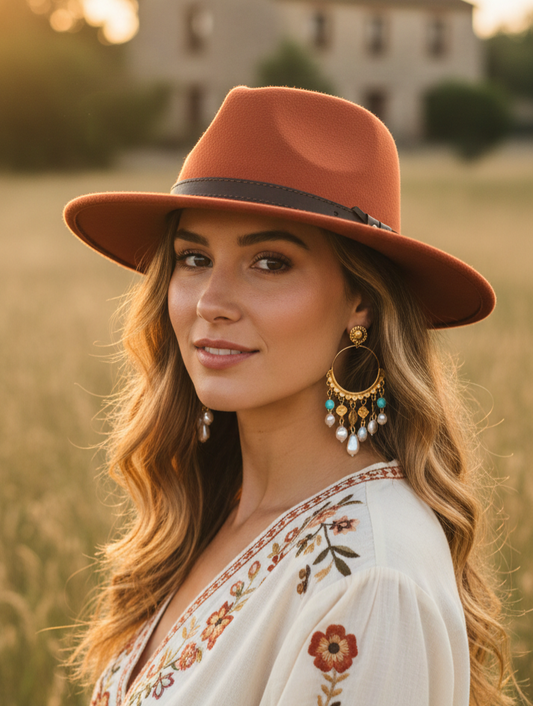 Chapeau Alba terre de sienne rouille porté - look bohème nomade
