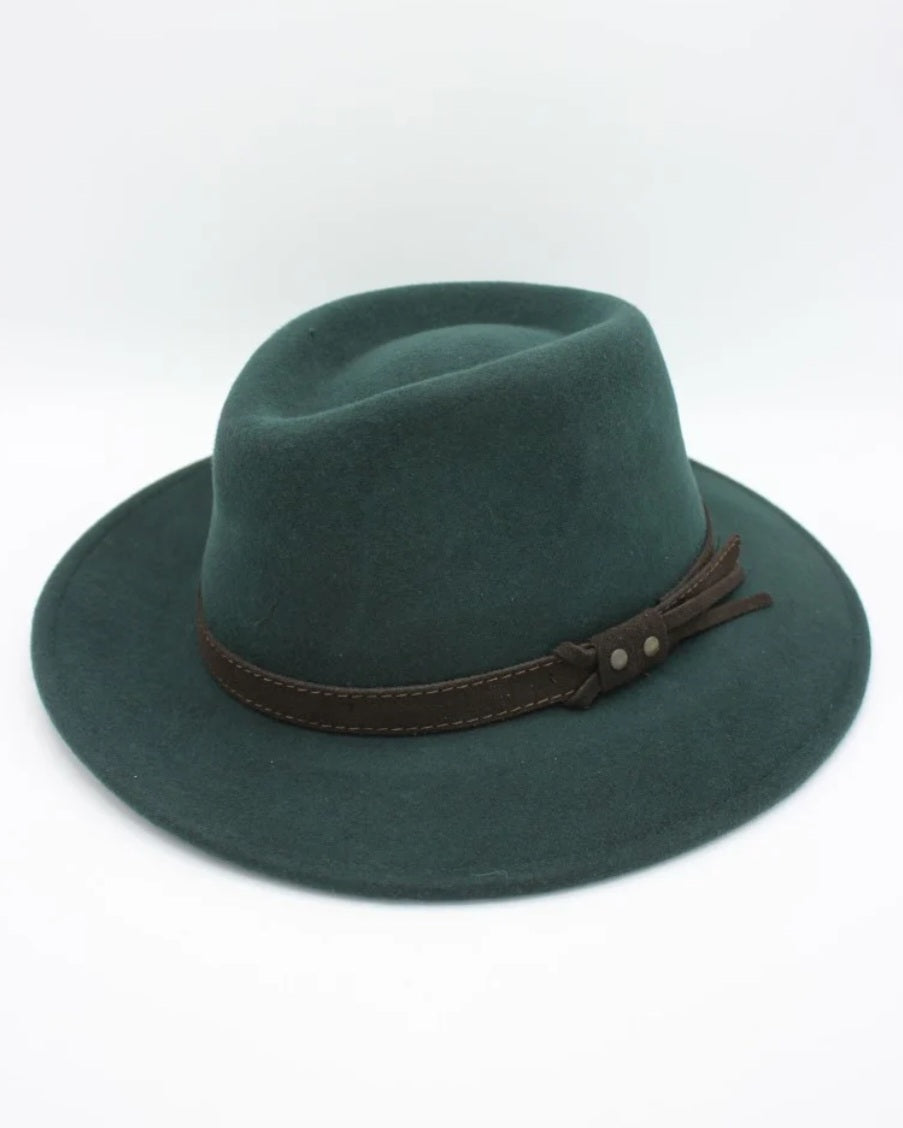"Chapeau Fedora Alba vert émeraude avec ruban daim brun - détail made in Italy