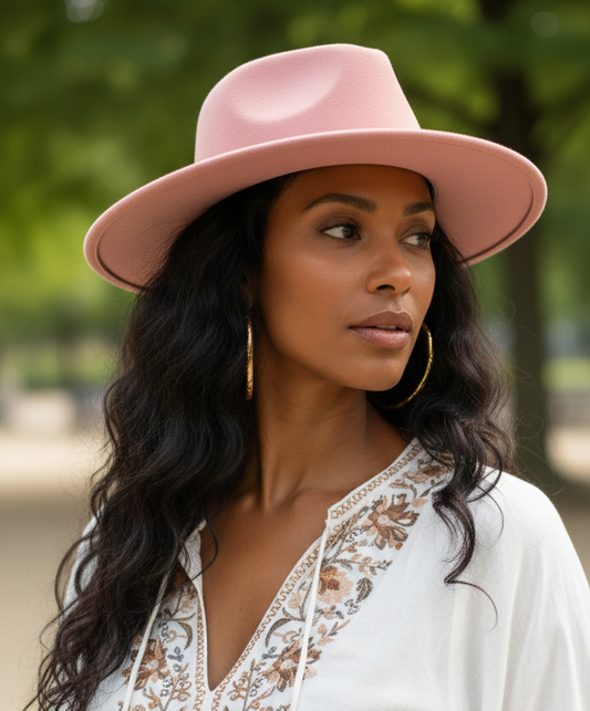 Chapeau Alba rose poudré porté - look bohème romantique printemps-été