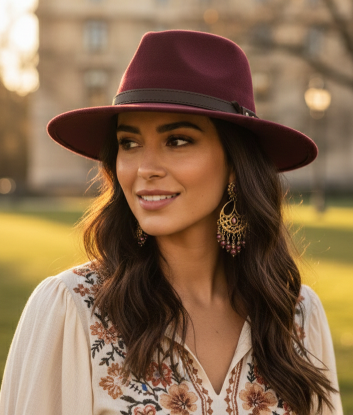 Chapeau Alba bordeaux porté - look bohème folk automne-hiver