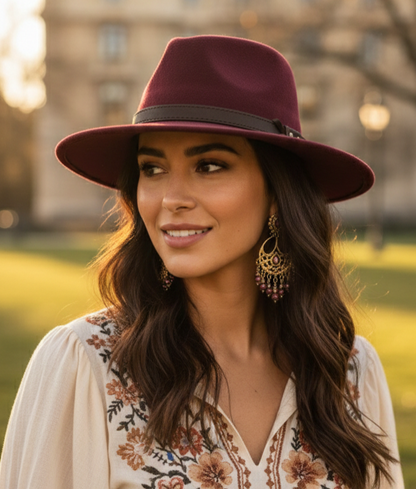 Chapeau Alba bordeaux porté - look bohème folk automne-hiver