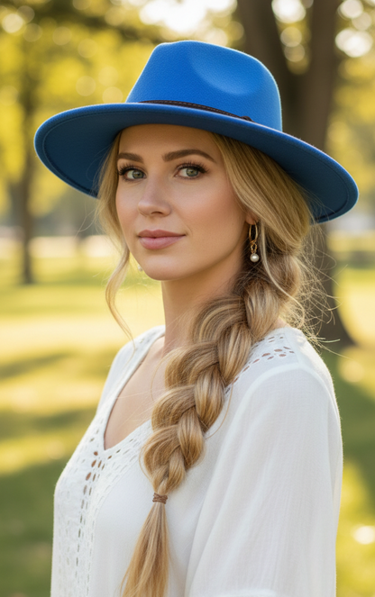 Chapeau Alba bleu roi porté - look bohème chic automne-hiver