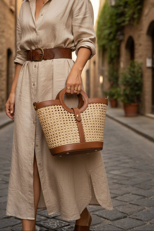 Sac Alizée cognac paille et cuir porté à la main, style élégant artisanal florentin